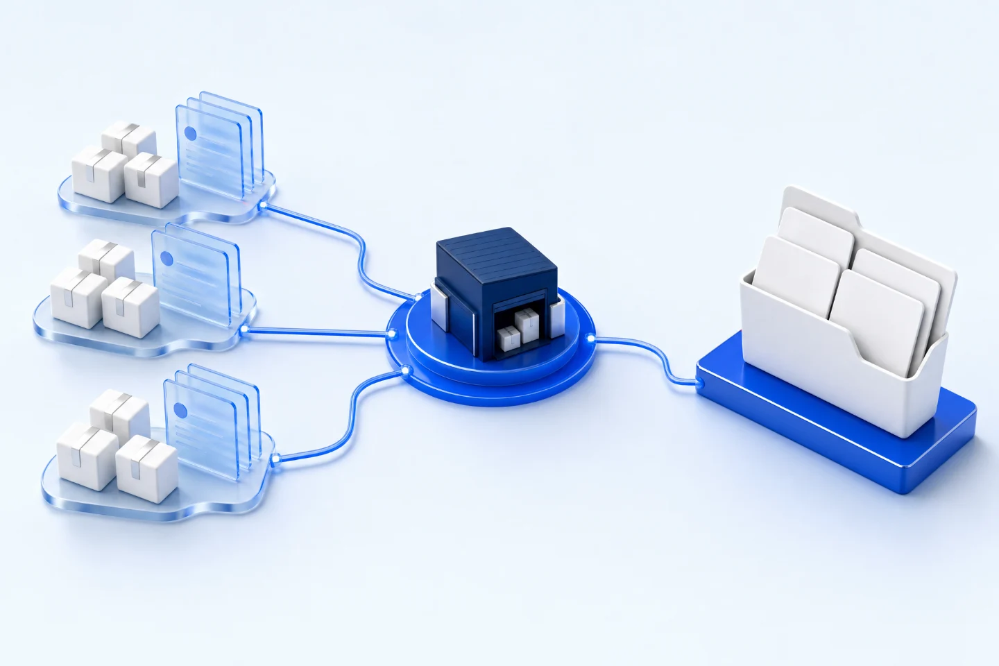 Concept illustration: separate shipping parcels and order records connect through a shared seller hub into one investigation folder, in white and cobalt blue.